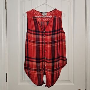 Wrangler Red Plaid Sleeveless Button-Up Top